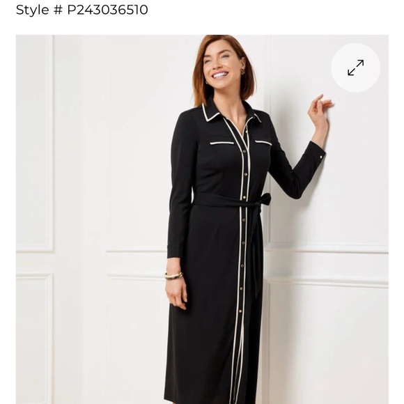 Talbots Dresses & Skirts - Talbots Tipped Jersey Midi Shirtdress Long Sleeve NWT Black With White Trim